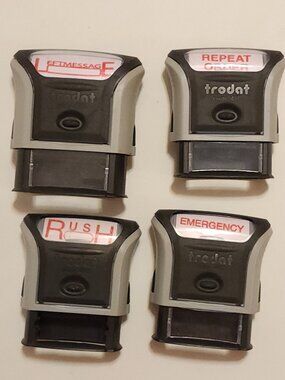 FUN Trodat Printy self-inking stamps LOT of 4 RUSH EMERGENCY REPEAT LEFT MESSAGE